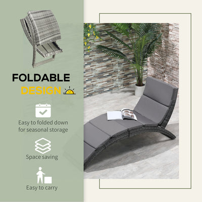 Outsunny Outdoor Foldable PE Rattan Sun Lounger with Soft Padded Cushion, Ergonomic Curved Design Sun Bed for Balcony, Garden, Grey 