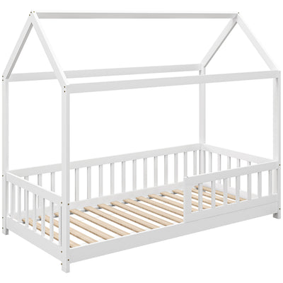 HOMCOM House-Shaped Kids Bed Frame with Safety Fence, Solid Pine Wood Single Bed Frame for Kids Boys and Girls 