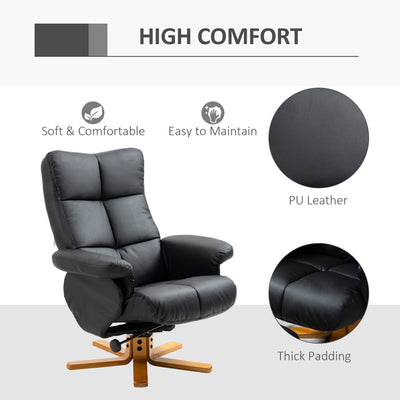HOMCOM Recliner Armchair, Swivel Reclining Chair With Ottoman, Swivel Faux Leather Chair with Wooden Base and Storage Footstool for Living Room, Black 