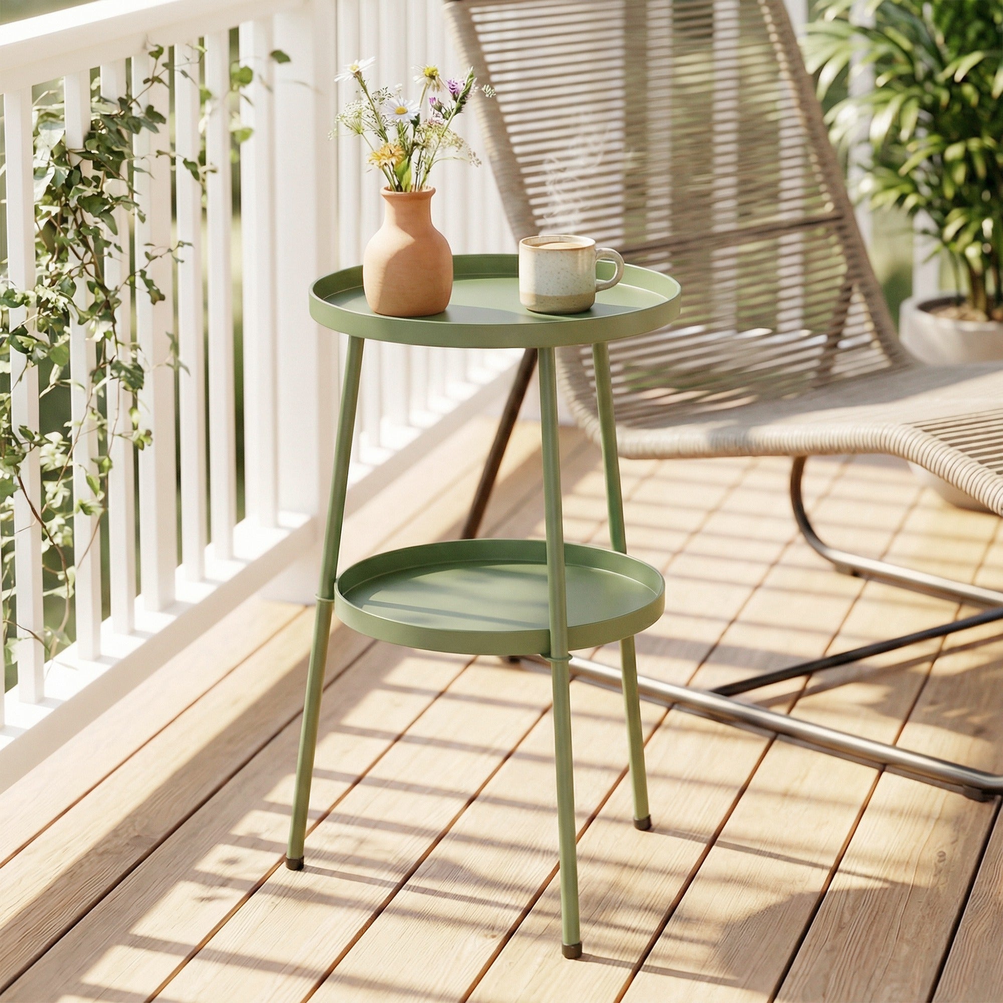 Outsunny Patio Side Table, 2-Tier Round Coffee End Table for Garden Balcony Living Room Bedroom, Light Green 