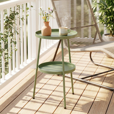 Outsunny Patio Side Table, 2-Tier Round Coffee End Table for Garden Balcony Living Room Bedroom, Light Green 
