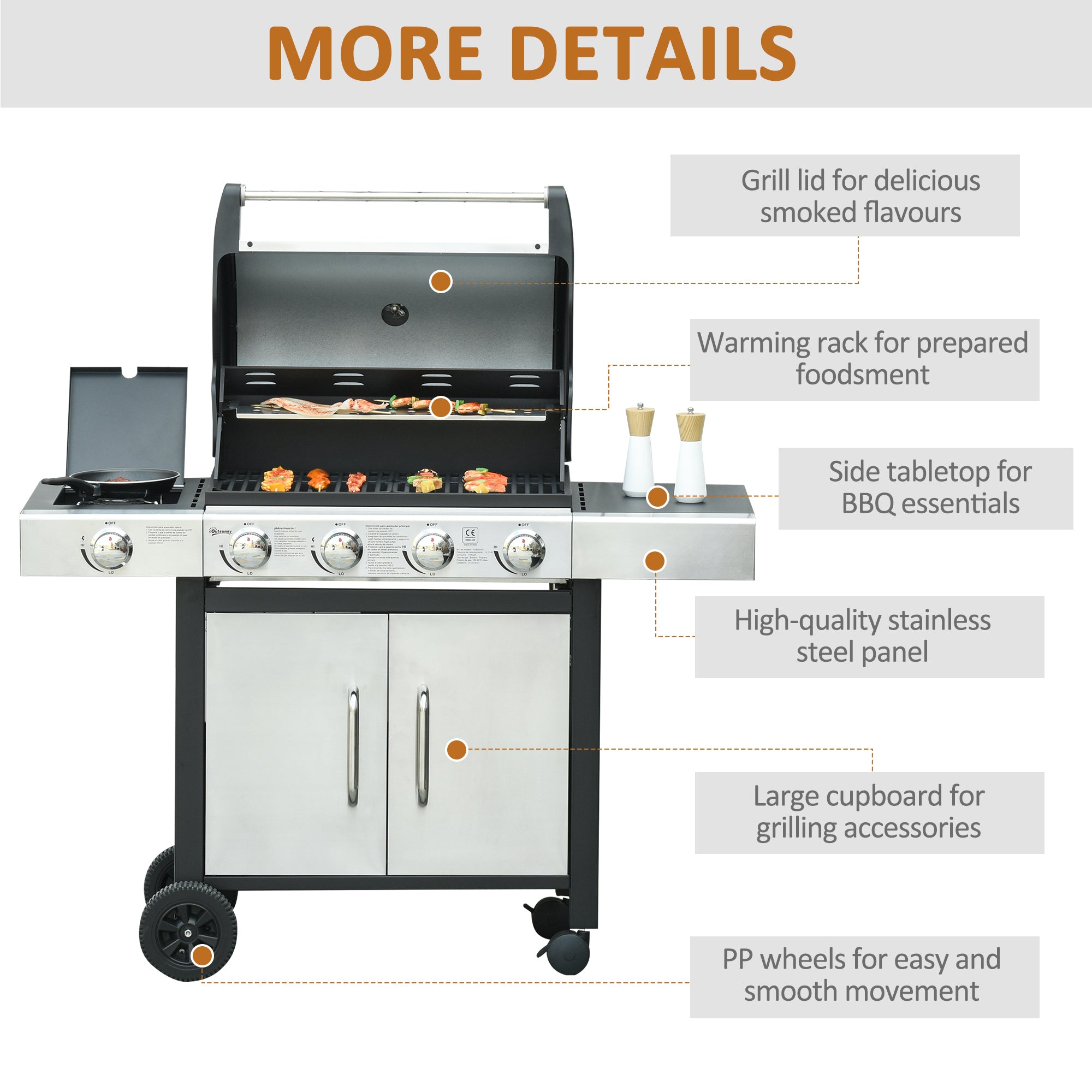 Outsunny Gas Barbecue Grill 4+1 Burner Garden Smoker BBQ Trolley w/ Side Burner Warming Rack Side Shelves Storage Cabinet Piezo Ignition Thermometer Stainless Steel + Metal 
