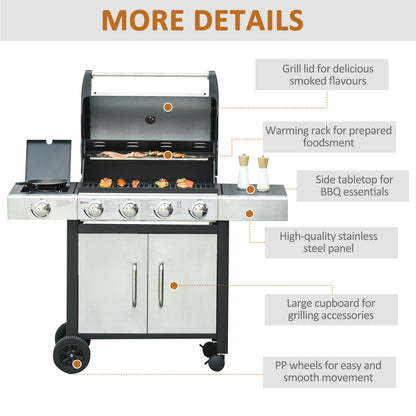 Outsunny Gas Barbecue Grill 4+1 Burner Garden Smoker BBQ Trolley w/ Side Burner Warming Rack Side Shelves Storage Cabinet Piezo Ignition Thermometer Stainless Steel + Metal 