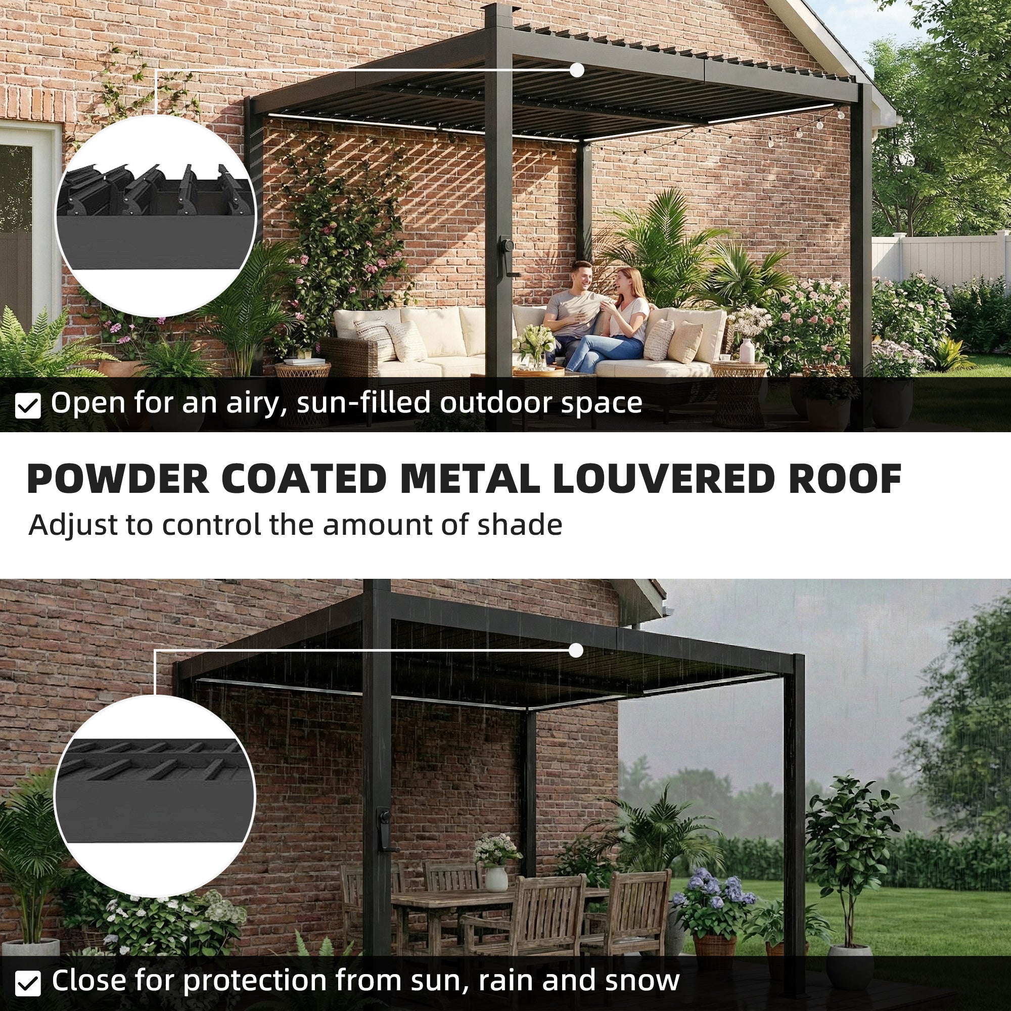 Outsunny 3 x 3 m Louvered Pergola with Solar LED lights, Metal Roof, Patio Gazebo Pergola Canopy with Drainage Gutters, Black 