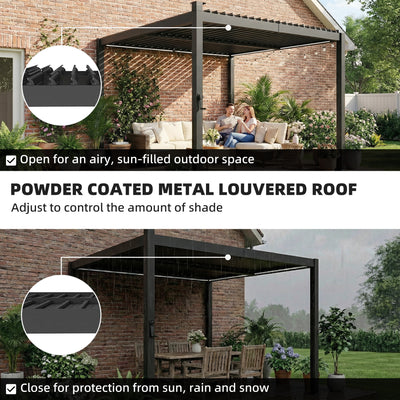 Outsunny 3 x 3 m Louvered Pergola with Solar LED lights, Metal Roof, Patio Gazebo Pergola Canopy with Drainage Gutters, Black 