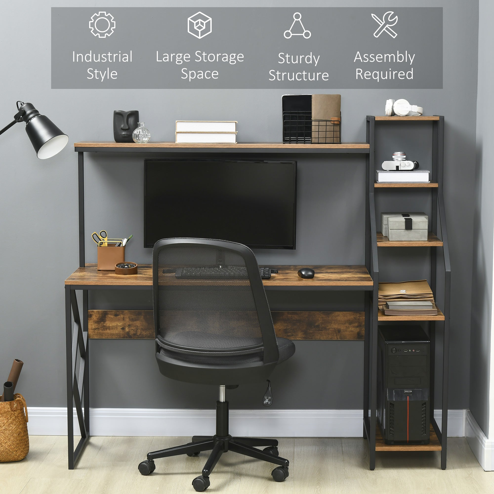HOMCOM Computer Desk with Bookshelf, Industrial Writing Table with 6 Tier Storage Shelves for Home Office, Bedroom, Study, 150 x 55 x 138cm, Rustic Brown 