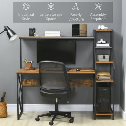 HOMCOM Computer Desk with Bookshelf, Industrial Writing Table with 6 Tier Storage Shelves for Home Office, Bedroom, Study, 150 x 55 x 138cm, Rustic Brown 