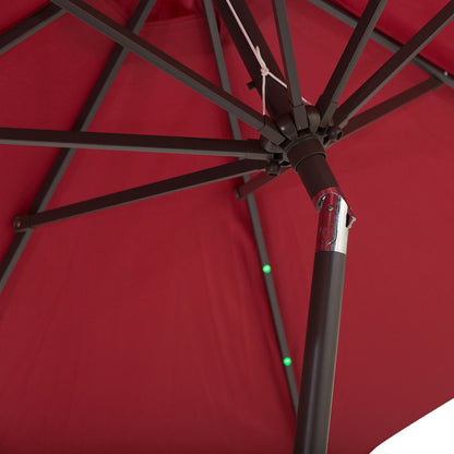 Outsunny Φ2.7m Garden 24 LED Light Parasol Solar Outdoor Tilt Sun Umbrella Patio Club Party Event Manual Sun Shade w/ Hand Crank and 8 Ribs, Red