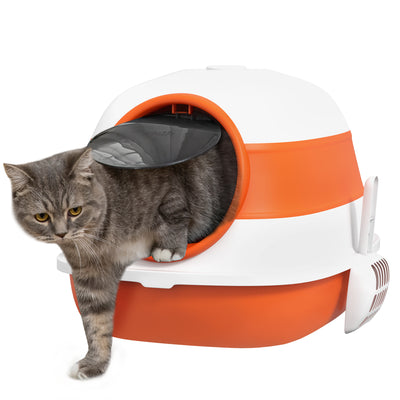 PawHut Foldable Cat Litter Tray with Lid, Deodorant, Scoop, Orange 