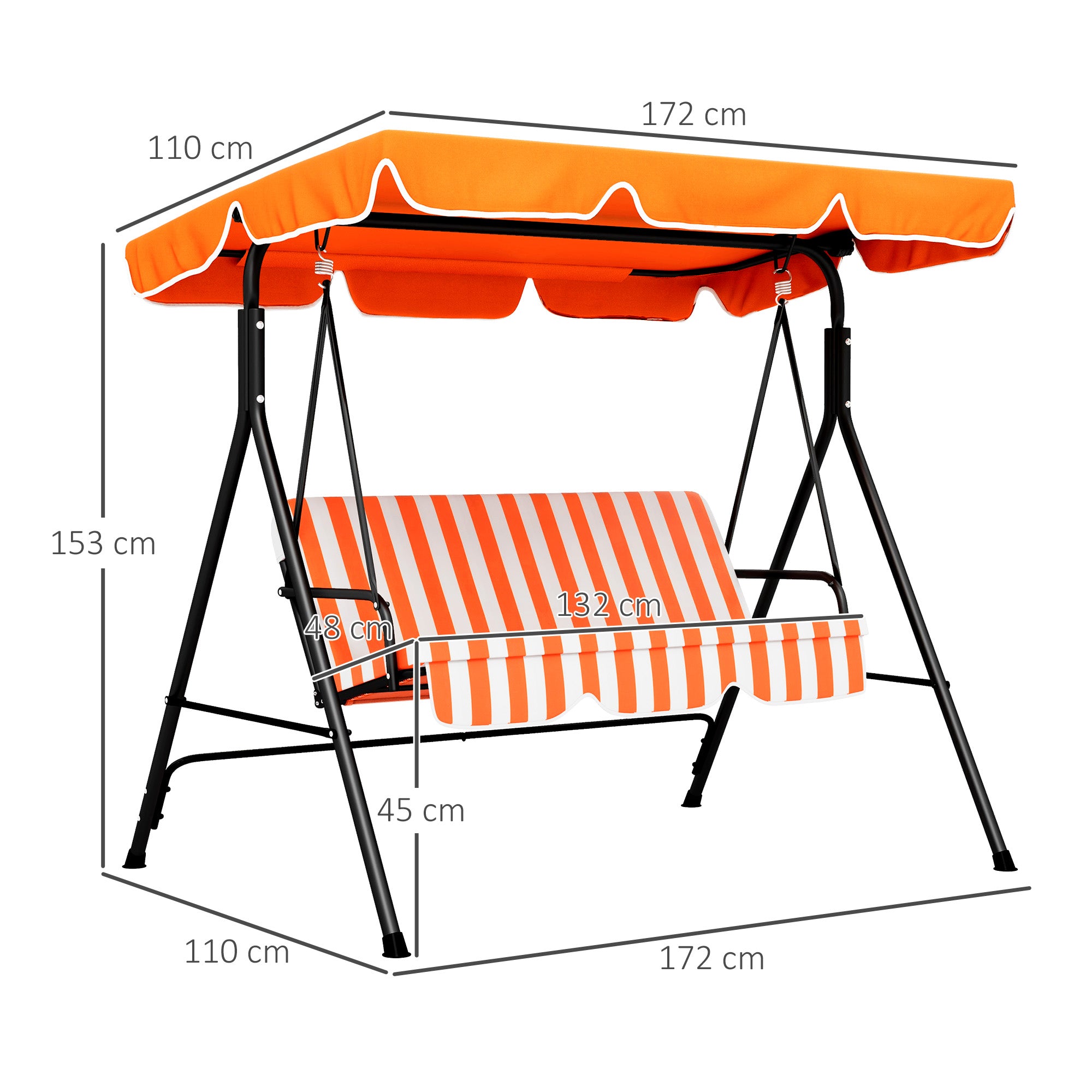 Outsunny Three-Seater Garden Swing Chair, with Adjustable Canopy - Orange Stripe 