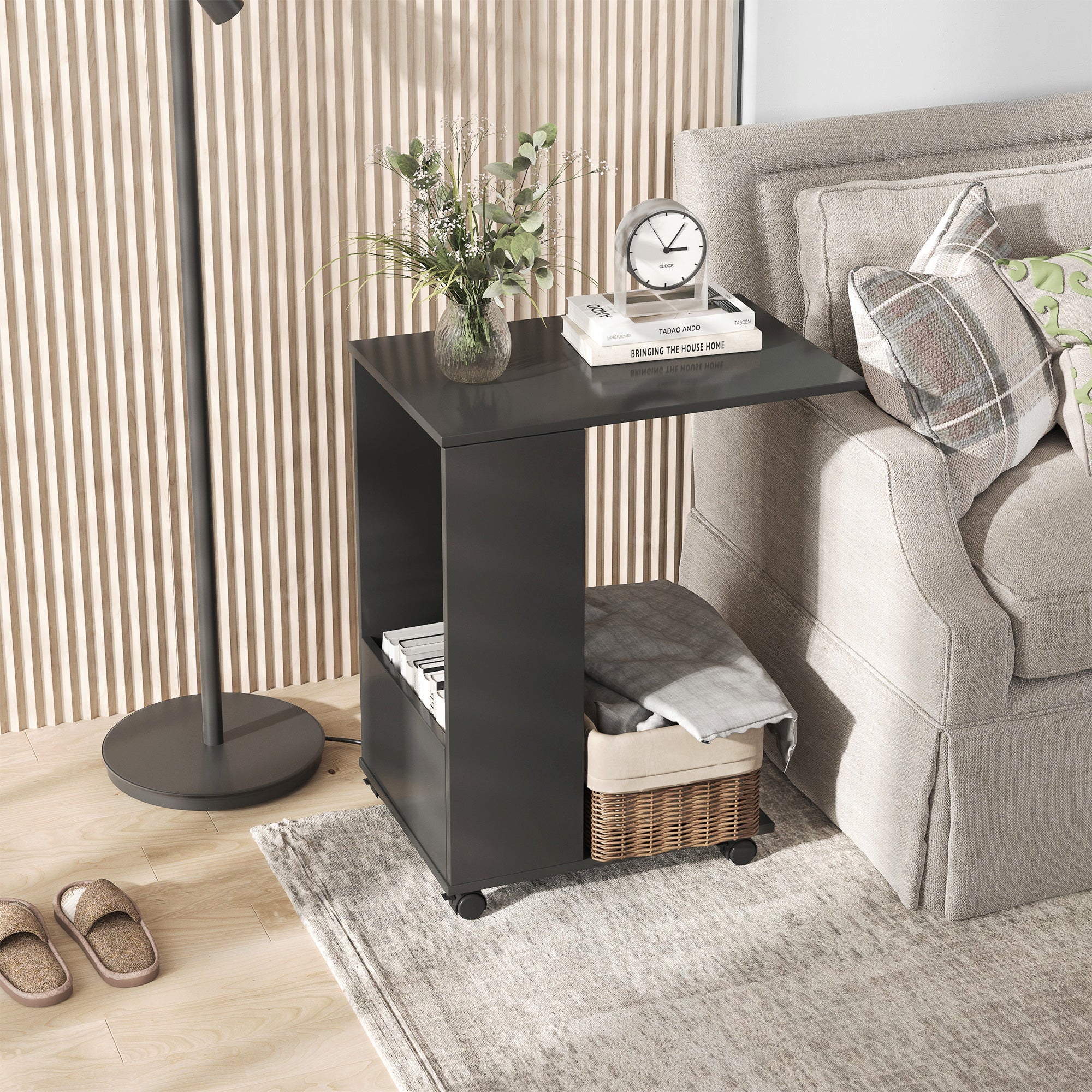 HOMCOM Mobile Sofa Side Table C-Shape End Table with Storage and Casters for Laptop Coffee Snack, Black 
