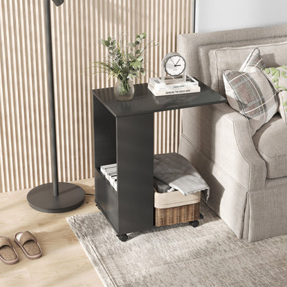 HOMCOM Mobile Sofa Side Table C-Shape End Table with Storage and Casters for Laptop Coffee Snack, Black 