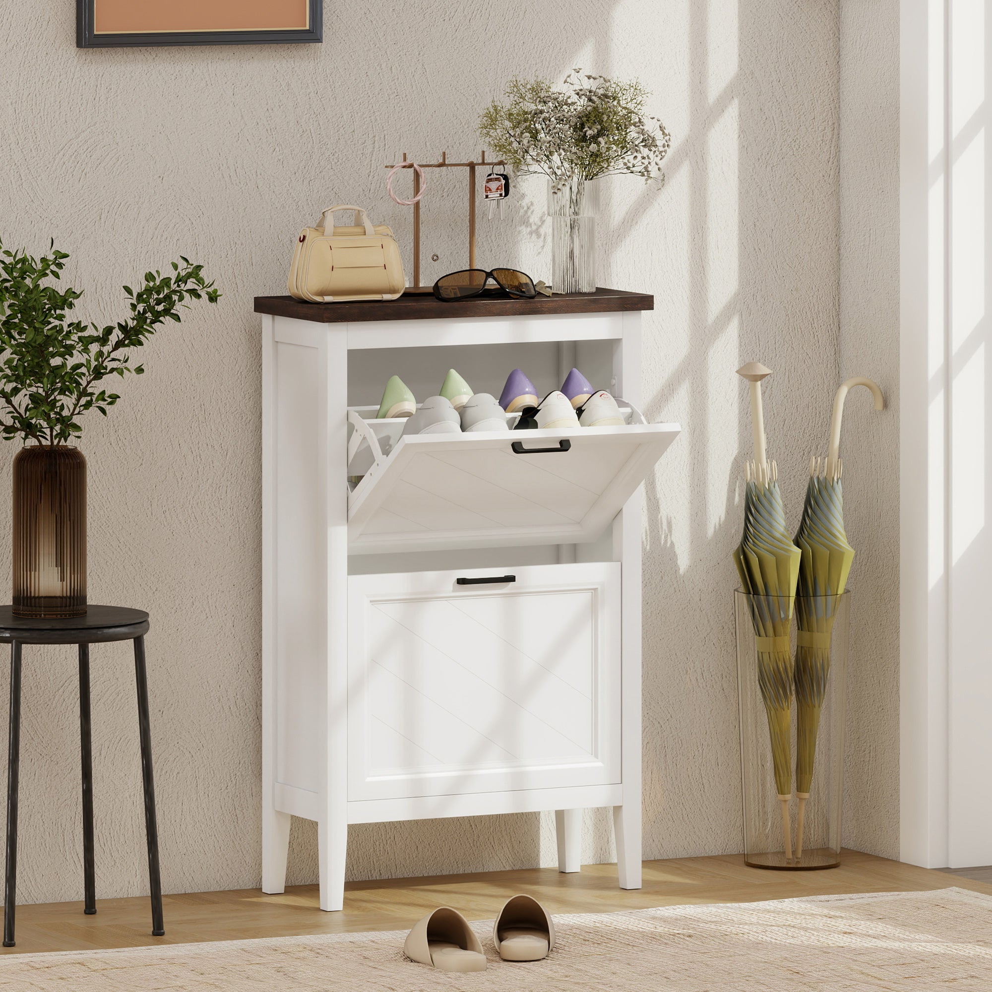 HOMCOM Shoe Cabinet with 2 Flip Drawers, Farmhouse Narrow Shoe Storage Cabinet with Adjustable Shelves, White 