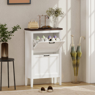 HOMCOM Shoe Cabinet with 2 Flip Drawers, Farmhouse Narrow Shoe Storage Cabinet with Adjustable Shelves, White 