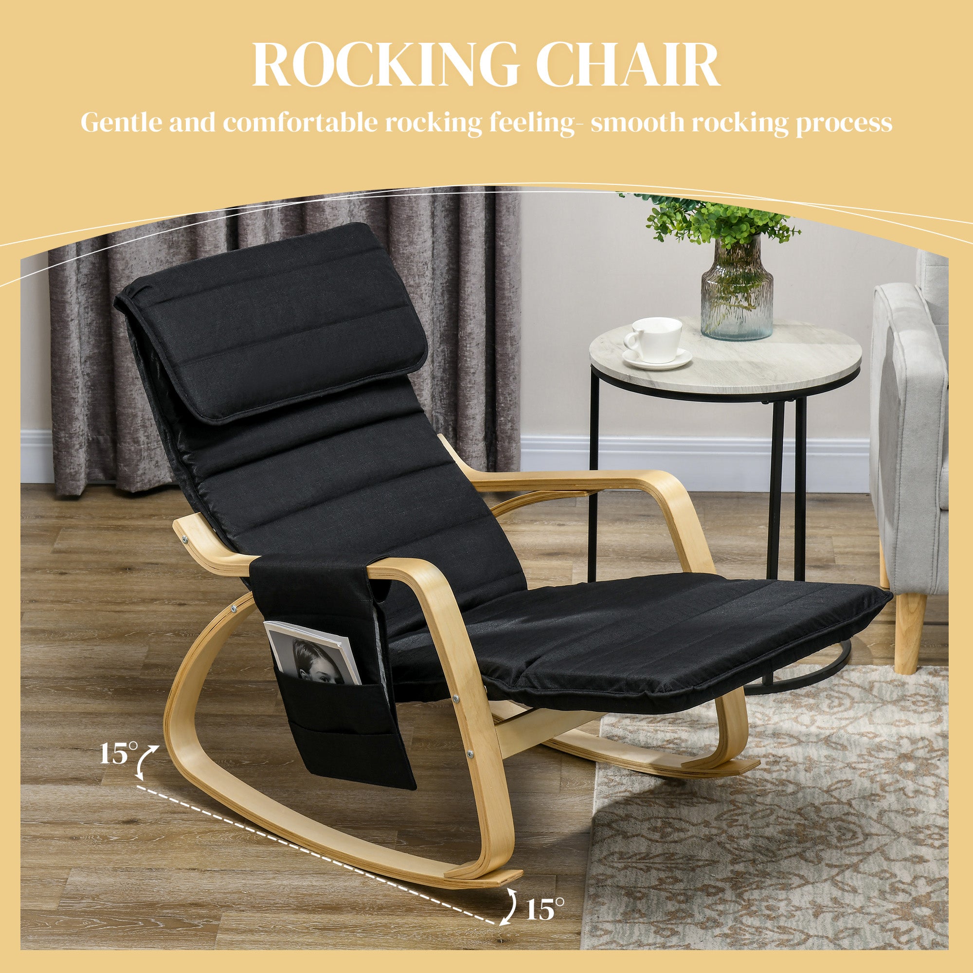 HOMCOM Rocking Lounge Chair Recliner Relaxation Lounging Relaxing Seat with Adjustable Footrest, Side Pocket and Pillow, Black 