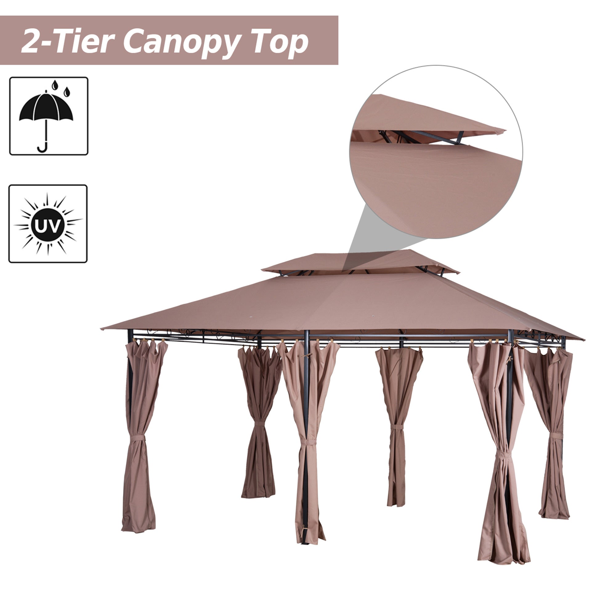Outsunny 4m x 3(m)Garden Gazebo, Double Roof Outdoor Gazebo Canopy Shelter with Curtains, Solid Steel Frame for Patio, Garden, Brown 