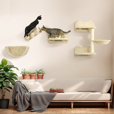 PawHut 4PCs Wall-Mounted Cat Shelves w/ Scratching Post, Hammock, Nest - Beige 