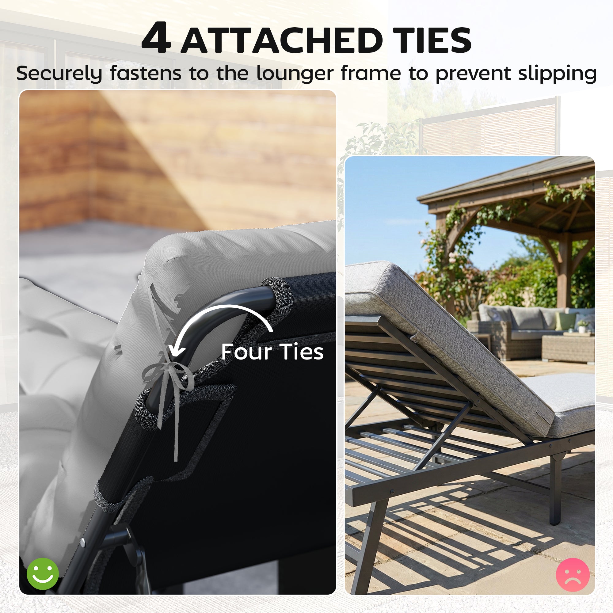 Outsunny Sun Lounger Cushions Only, Garden Lounge Chair Cushions Set of 2, Sunbed Replacement Pads with 4 Ties, Light Grey 