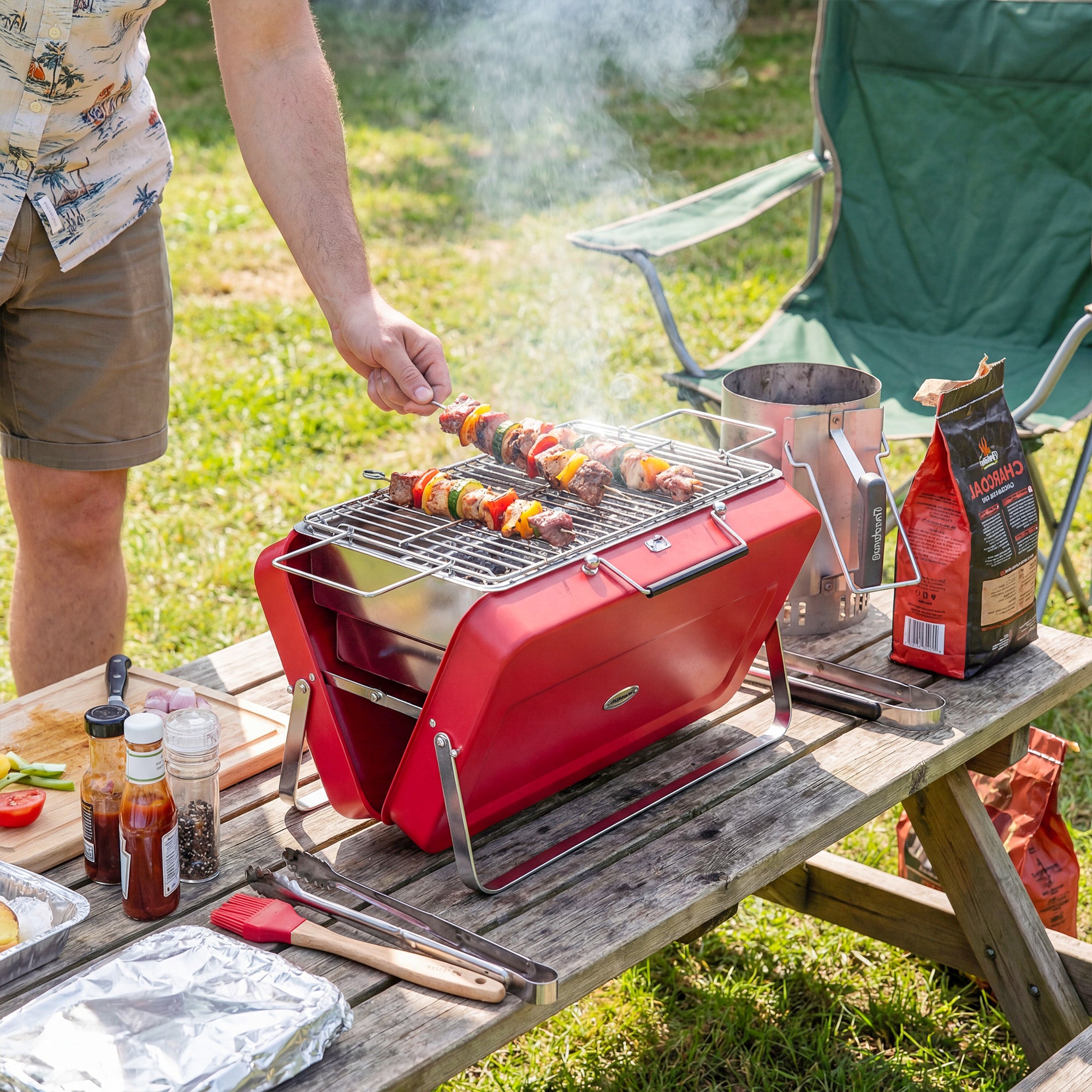 Outsunny Portable Mini Charcoal Barbecue Grill with Suitcase Shell, Outdoor Folding Tabletop BBQ Grill, Red 