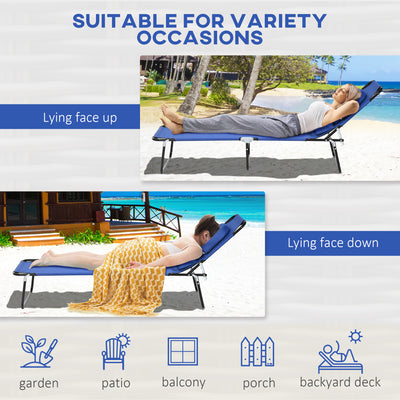 Outsunny Outdoor Foldable Sun Lounger Set of 2, 4 Level Adjustable Backrest Reclining Sun Lounger Chair with Pillow and Reading Hole, Blue 