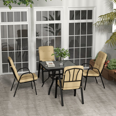 Outsunny 5 Pieces Outdoor Square Garden Dining Set w/ Tempered Glass Dining Table 4 Cushioned Armchairs, Umbrella Hole, Beige 