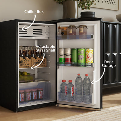 HOMCOM Under Counter Fridge, 85L Small Retro Refrigerator with Chiller Box, Adjustable Thermostat, Glass Shelves, Black 