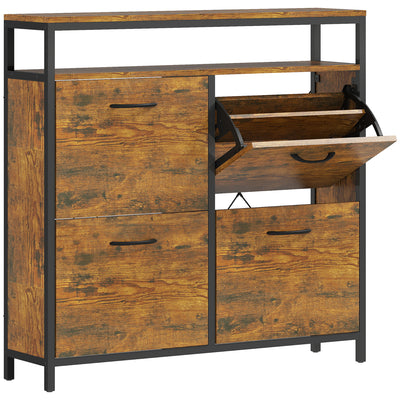 HOMCOM Shoe Storage Cabinet with 4 Flip Drawers and Open Shelf - Rustic Brown 
