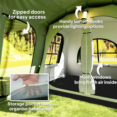 Outsunny 3-4 Man Tunnel Tent, Family Camping Tent with Porch, Bedroom and Living Area, Sewn in Groundsheet, 3000mm Waterproof, Portable with Bag for Hiking, Festival, Backpacking, Green 