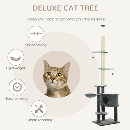 PawHut Floor to Ceiling Cat Tree for Indoor Cats Play Tower Climbing Activity Center Scratching Post Platforms Condo Adjustable Height 220-265cm Dark Grey 