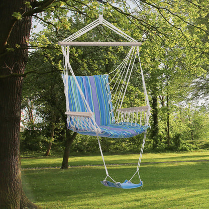 Outsunny Hanging Rope Chair with Soft Padded Seat & Backrest, Portable Garden Hammoc Chair with Wooden Support Bar, Armrests, Cotton Cloth, Footrest, for Patio & Tree, Blue 