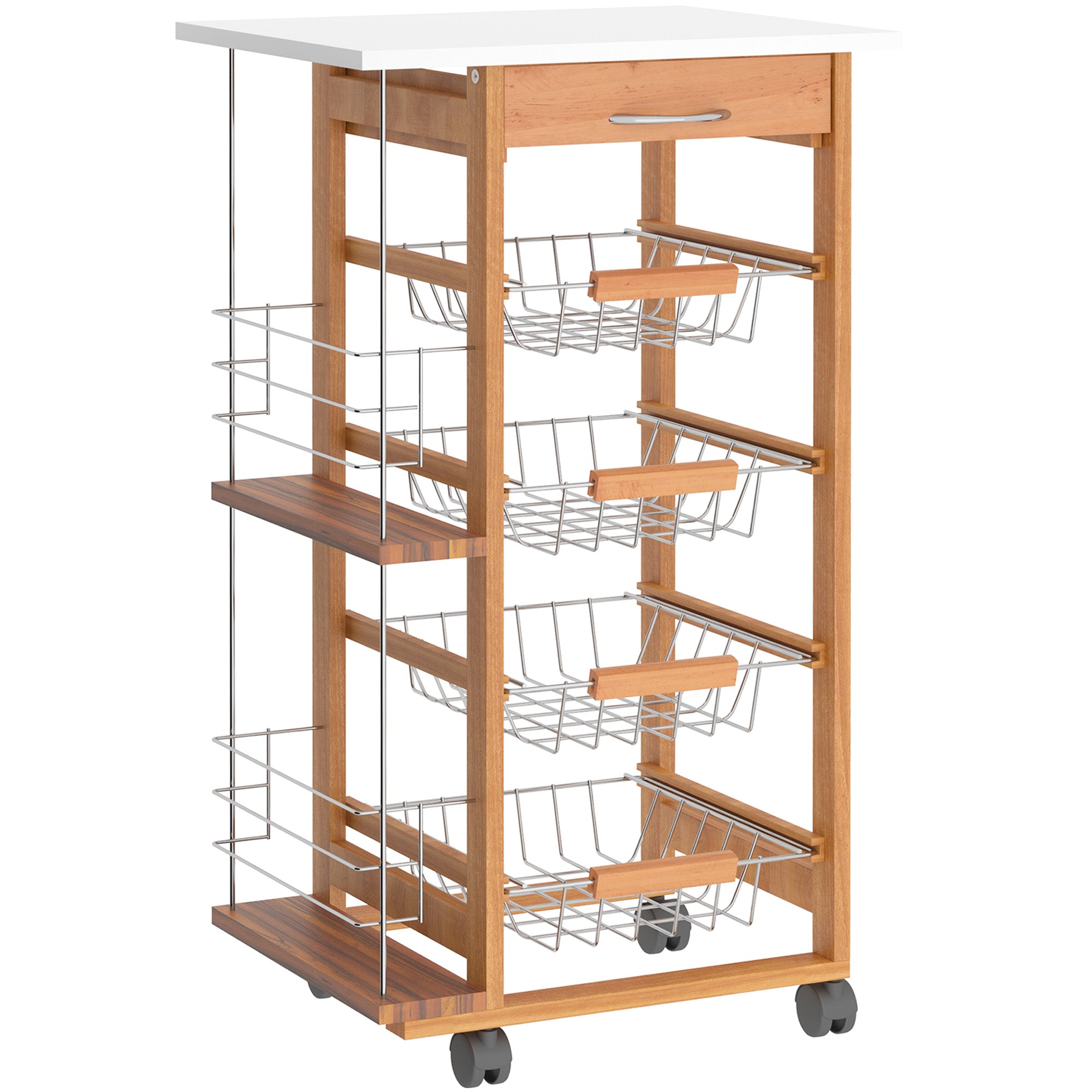 HOMCOM Rolling Kitchen Cart, Utility Storage Cart with 4 Basket Drawers & Side Racks, Wheels for Dining Room, Brown 