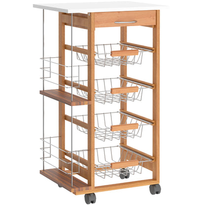 HOMCOM Rolling Kitchen Cart, Utility Storage Cart with 4 Basket Drawers & Side Racks, Wheels for Dining Room, Brown 