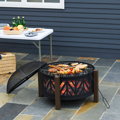 Outsunny Metal Large Firepit Bowl Outdoor 2-In-1 Round Fire Pit Brazier w/ Lid,  BBQ Grill, Poker for Backyard, Camping, Bonfire, Wood Burning Stove, 78 x 78 x 60cm, Black 