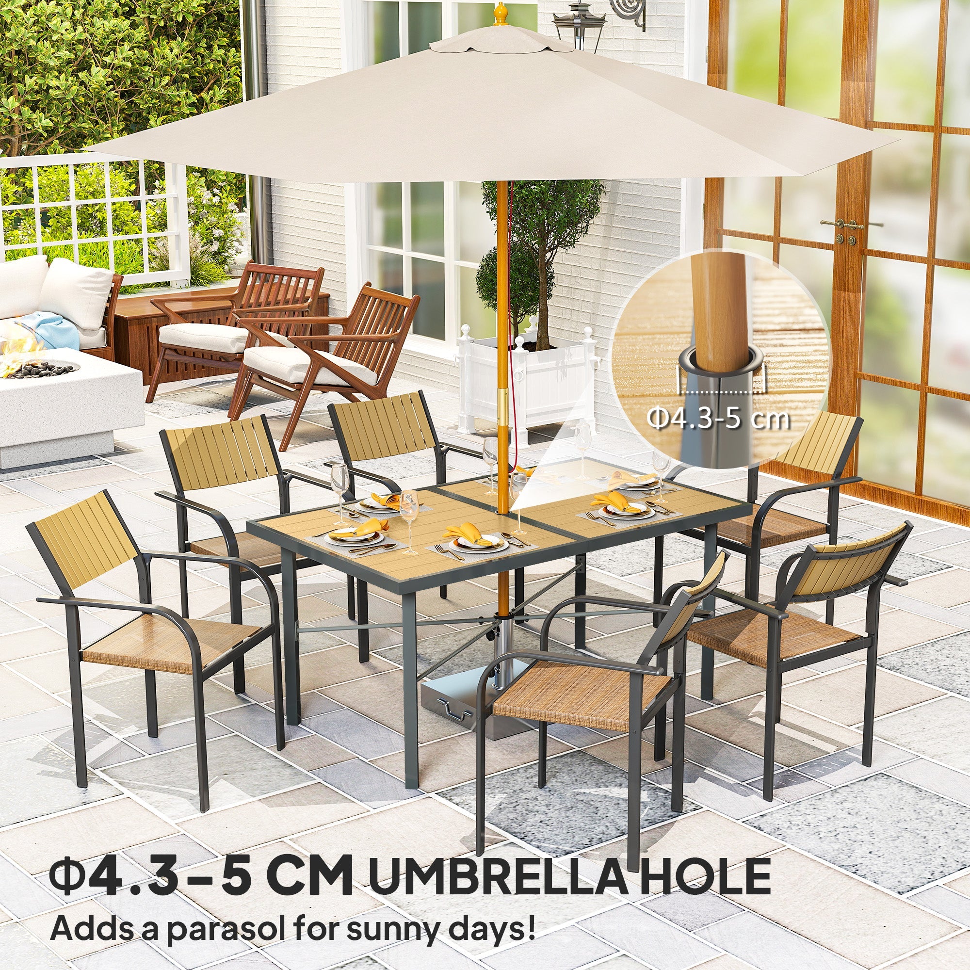 Outsunny Garden Table for 6, Outdoor Dining Table with 5cm Umbrella Hole, Wood Effect Top, Rust Resistant Frame, for Patio, Balcony, Terrace, 150 x 90 cm 
