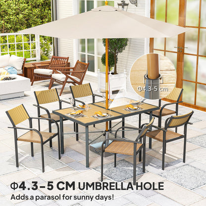 Outsunny Garden Table for 6, Outdoor Dining Table with 5cm Umbrella Hole, Wood Effect Top, Rust Resistant Frame, for Patio, Balcony, Terrace, 150 x 90 cm 