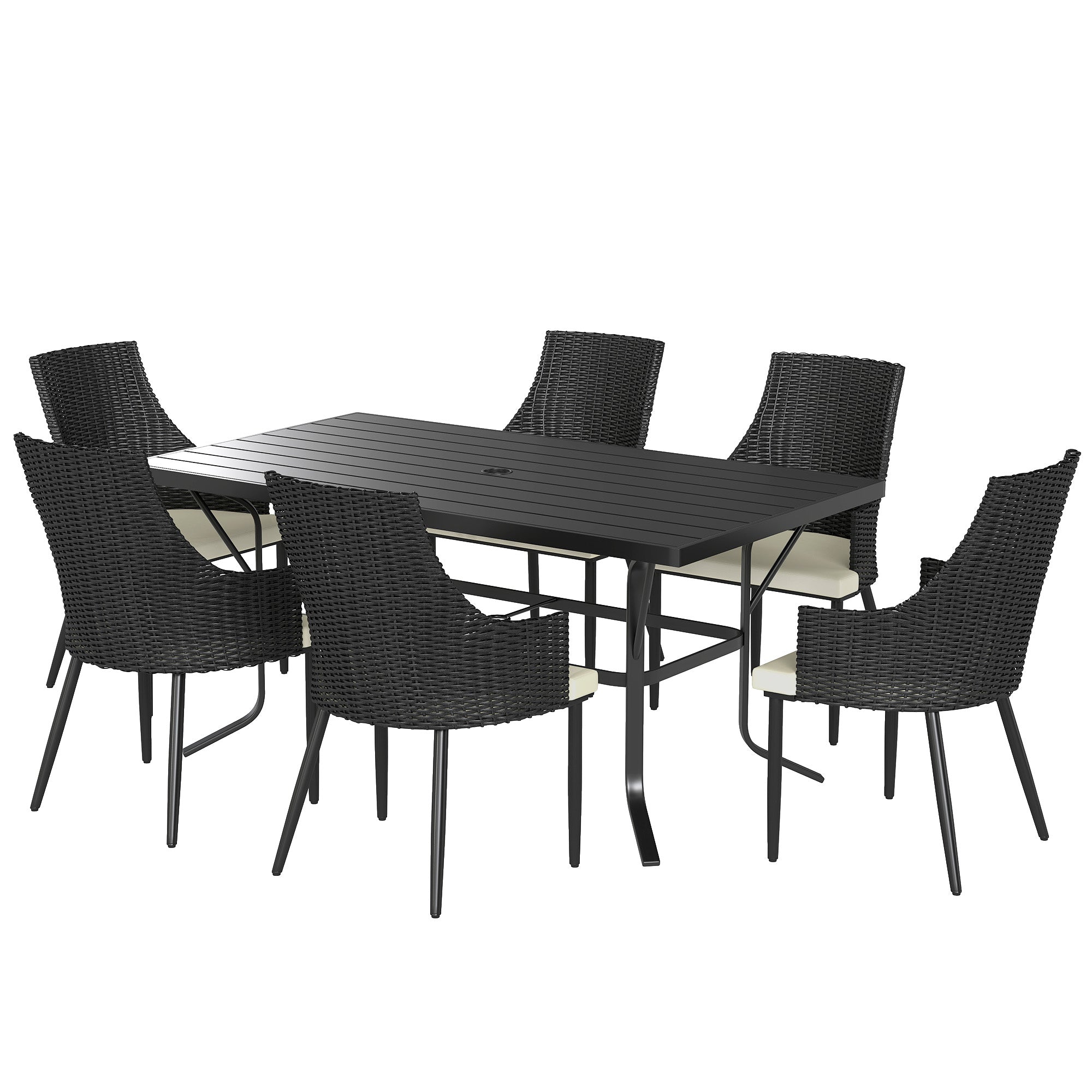 Outsunny 6 Seater Rattan Dining Set with Cushions, Garden Furniture Set with Armchairs, Rectangle Slatted Table Top, Steel Frame, Parasol Hole, Wicker Outdoor Furniture for Patio, Balcony, Cream White 