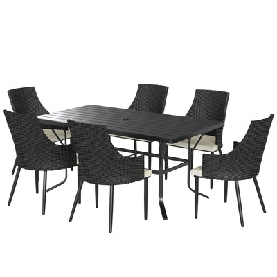 Outsunny 6 Seater Rattan Dining Set with Cushions, Garden Furniture Set with Armchairs, Rectangle Slatted Table Top, Steel Frame, Parasol Hole, Wicker Outdoor Furniture for Patio, Balcony, Cream White 