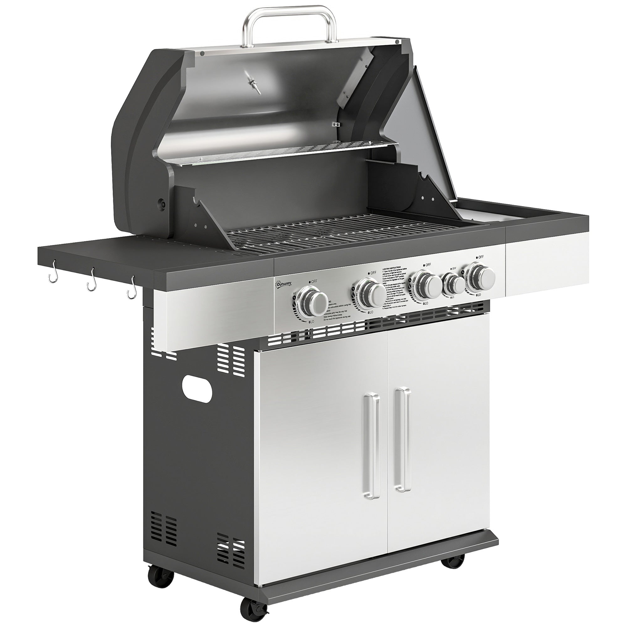 Outsunny 4+1 Burner Gas BBQ Grill, Portable Gas Barbecue Grill with Side Burner, Warming Rack, Side Shelf, Storage Cabinet 