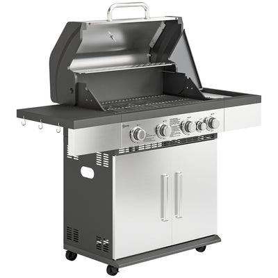 Outsunny 4+1 Burner Gas BBQ Grill, Portable Gas Barbecue Grill with Side Burner, Warming Rack, Side Shelf, Storage Cabinet 