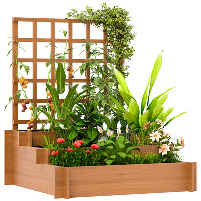 Outsunny 3 Tier Garden Planters with Trellis for Vine Climbing, Wooden Raised Beds, 95x95x110cm, Brown 