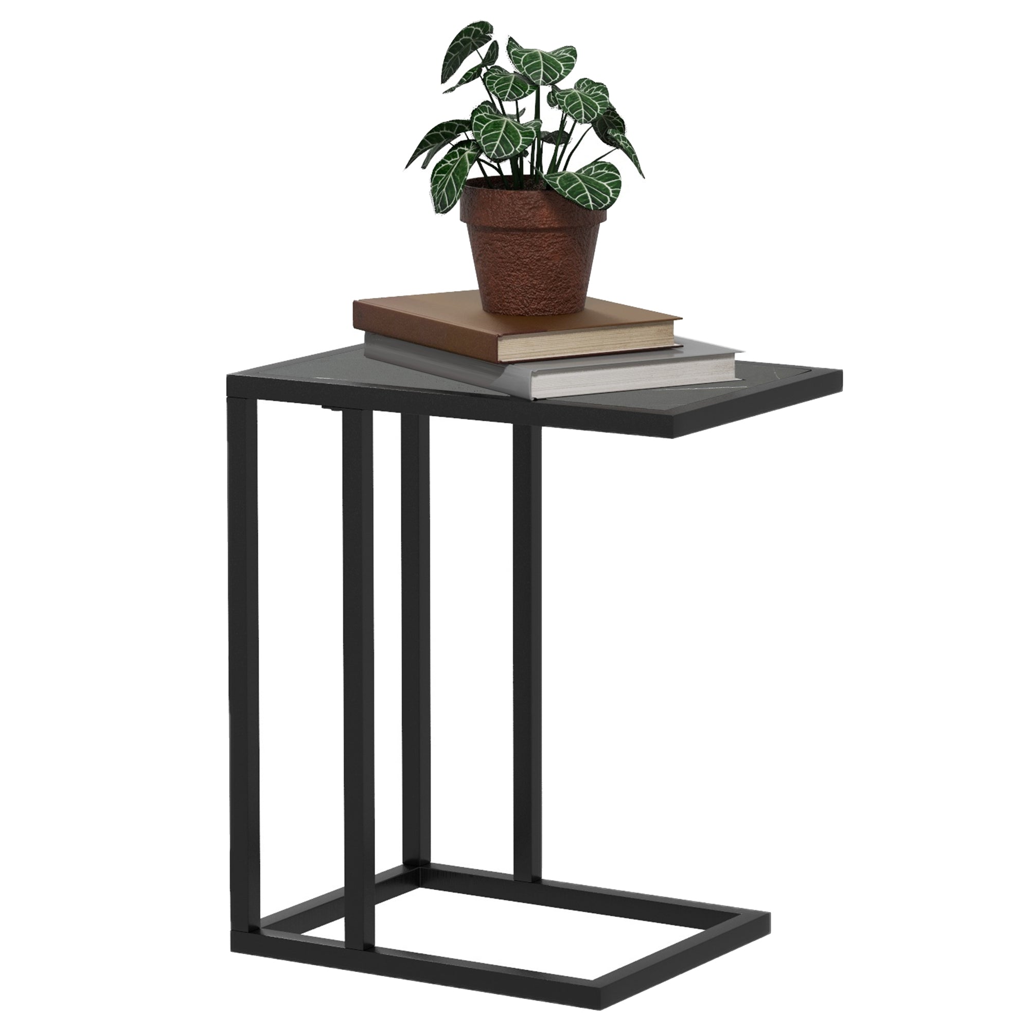 HOMCOM C Shape Bedside Table w/Metal Frame Marble-Effect Top Sofa Narrow Snack End Table for Living Room, Black 
