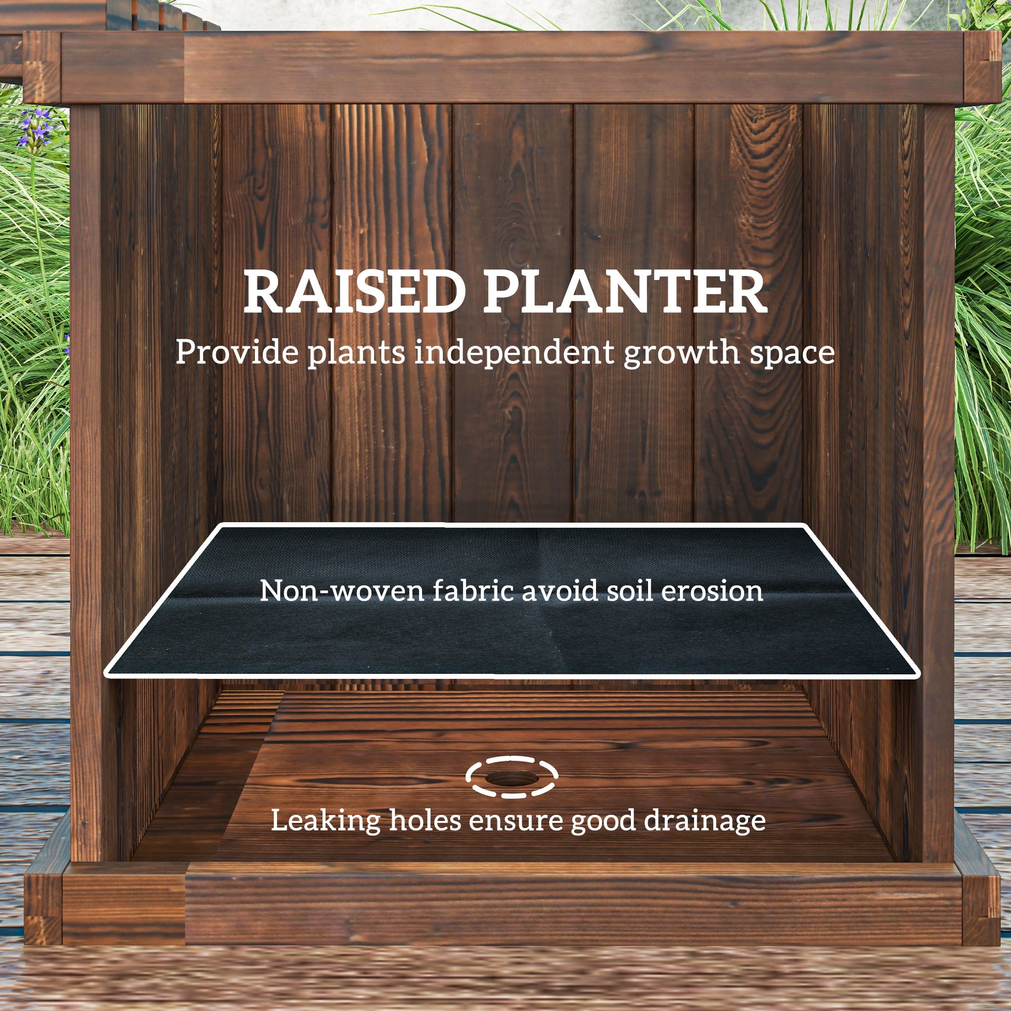Outsunny Wooden Garden Planter & Bench Combination Garden Raised Bed Patio Park Carbonised Finish 176 x 38 x 40 cm 
