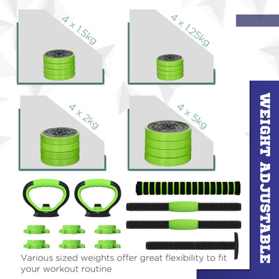SPORTNOW 40kg Four-In-One Adjustable Weight Dumbbells Set, Barbell, Kettlebell, Push Up Stand - Green 