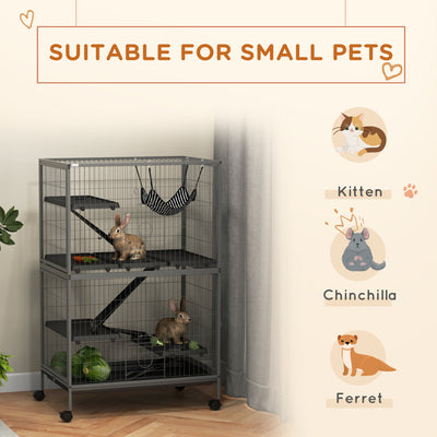 PawHut Small Animal Cage for Chinchilla Ferret Kitten on Wheels with Hammock Removable Tray, Grey 