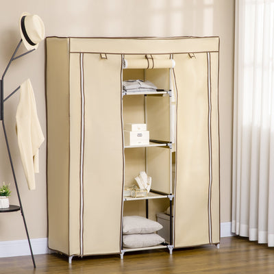 HOMCOM Fabric Wardrobe, Portable Wardrobe, Clothes Storage Unit with 8 Shelves, 2 Hanging Rods, 125 x 43 x 162.5 cm, Beige 