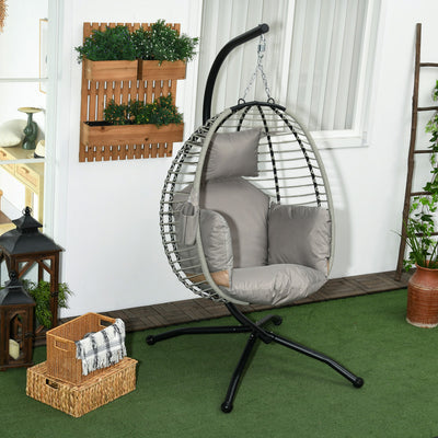 Outsunny Single Rattan Hanging Egg Chair, with Seat Cushion - Grey 