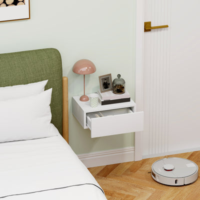 HOMCOM Floating Bedside Table, Wall-Mounted Nightstand with Storage Drawer, Small Side End Table for Bedroom, White 