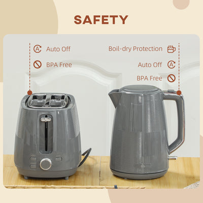 HOMCOM Kettle and Toaster Set, 1.7L 3000W Fast Boil Kettle & 2 Slice Toaster Kitchen Set with 7 Level Browning Controls, Defrost, Reheat, Boil-dry Protection, Grey 