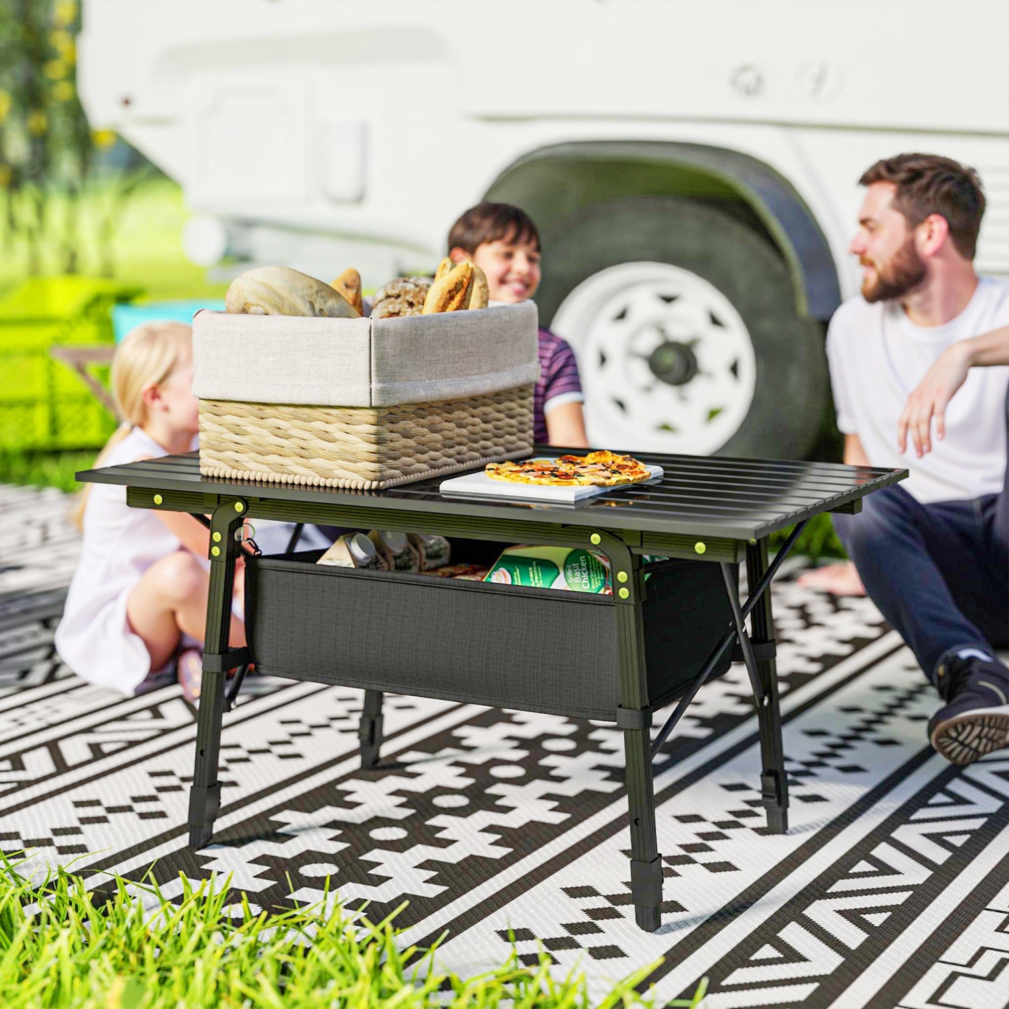 Outsunny Folding Camping Table, 90 x 55 cm Height Adjustable Portable Collapsible Table, 3ft Lightweight Aluminium Rollup Picnic Table with Storage Basket for Outdoor Garden Party BBQ, Black 