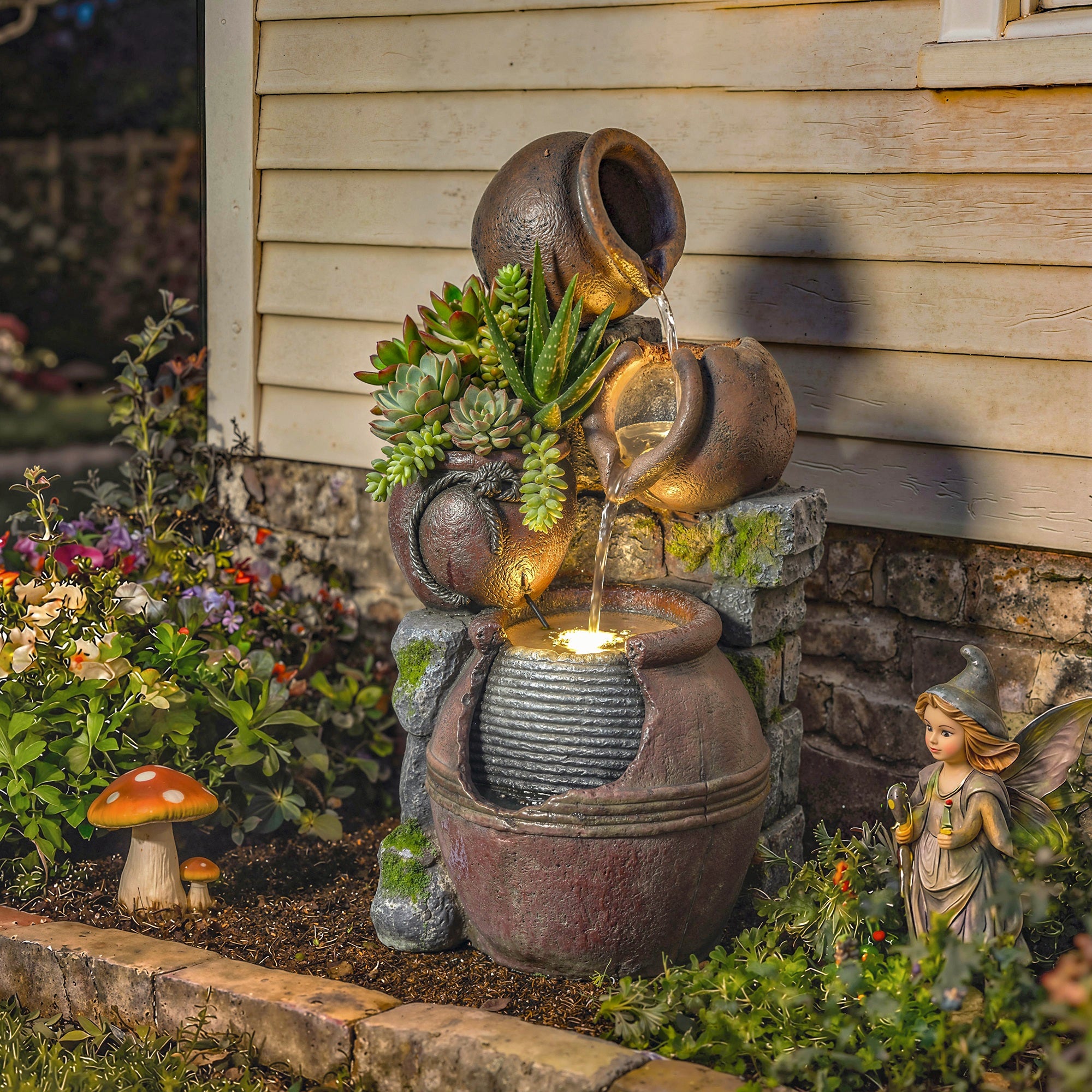 Outsunny Outdoor Fountain with 4-Tier Rustic Pots & Planter, Garden Fountain with LED Lights, Rustic Brown 